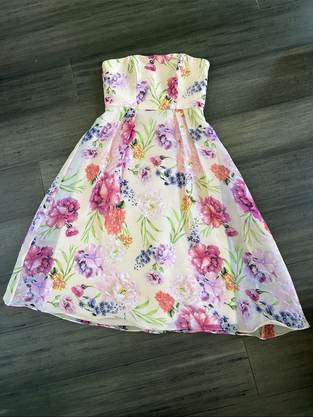 ALFRED SUNG Strapless Floral A-Line midi Dress in Pastel Pink and Purple